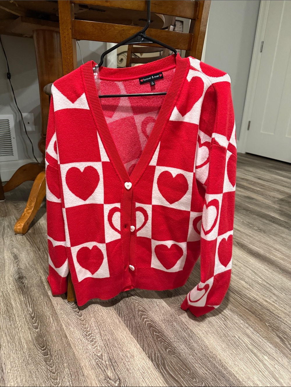 Forever 21 Red Heart-Print V-Neck Cardigan